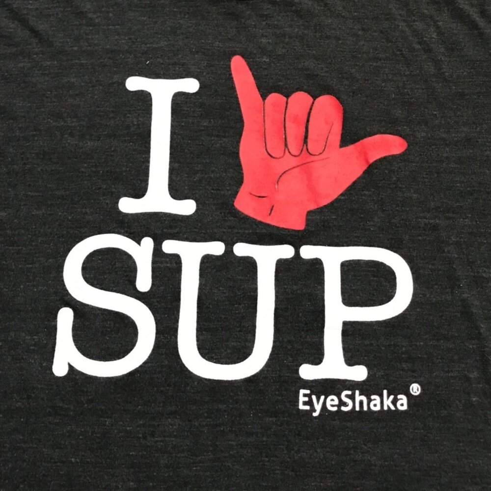 Vtg EyeShaka XL "I Heart Sup" Gray Short Sleeve Graphic T Shirt Paddleboard